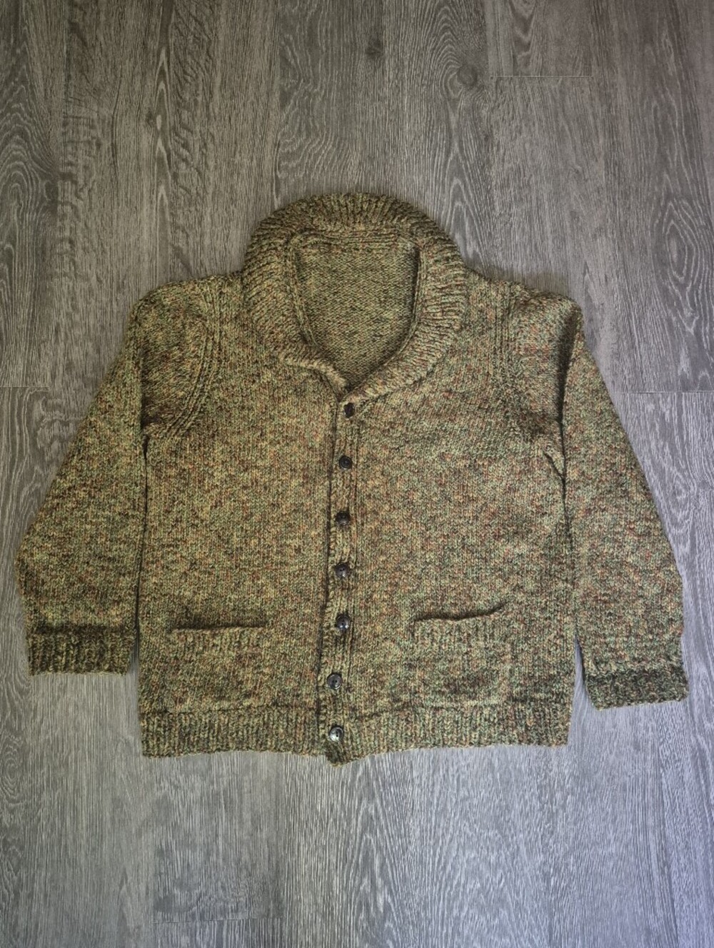 Classic Shawl Collar Button-Up Wool Cardigan Sweater - Olive Multi Hand Knit L